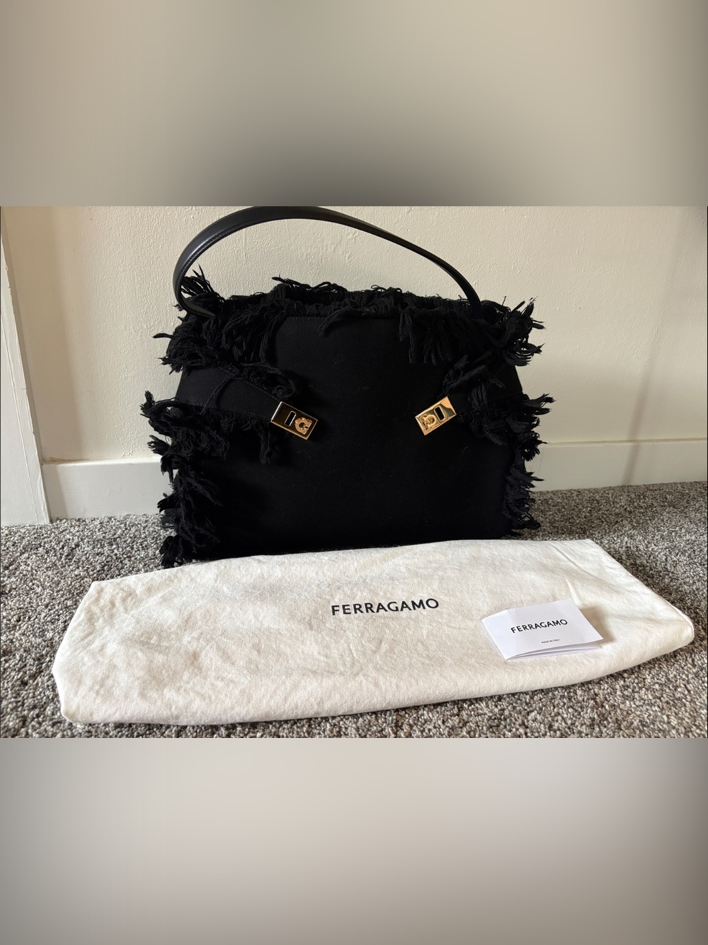 Salvatore Ferragamo Black Fringe HUG Medium Tote Bag